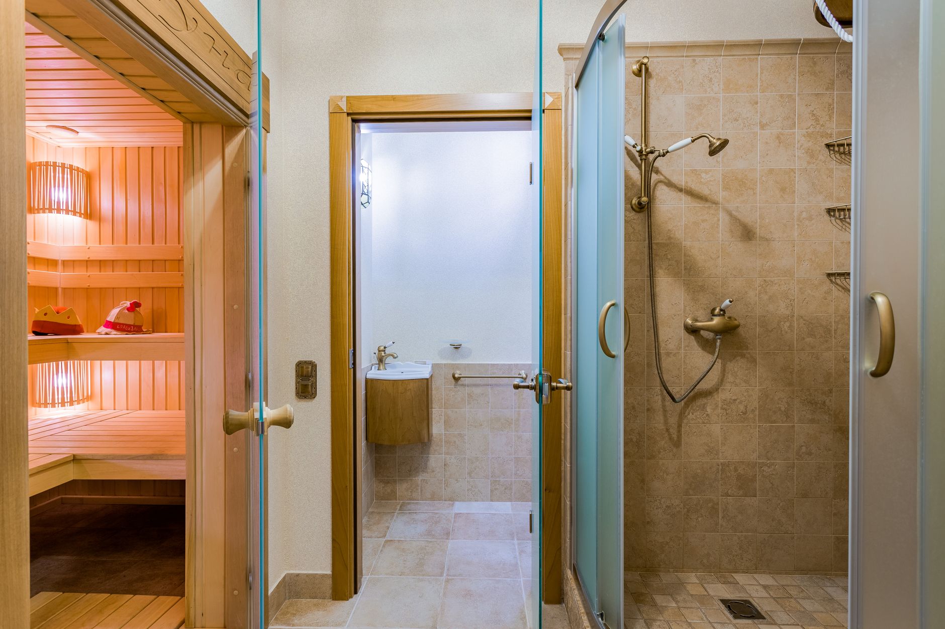Luxurious spa bathroom featuring a sauna and modern shower. Perfect for relaxation in Riverside, CA